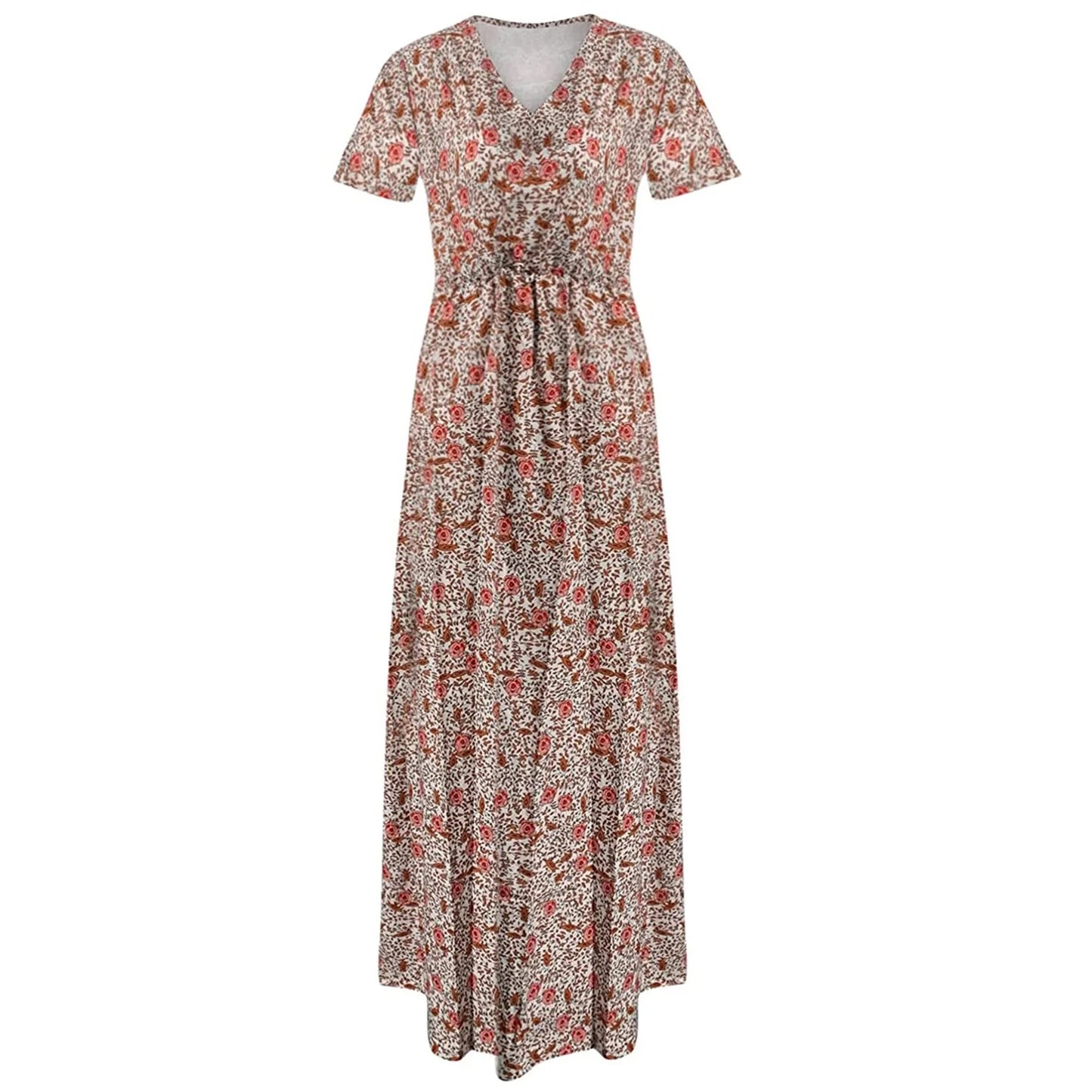 Women's Boho Short Sleeve V-Neck Flowy Long Maxi Dress Summer Loose Casaul Beach Vacation Dress Wedding Guest Dress with Belt