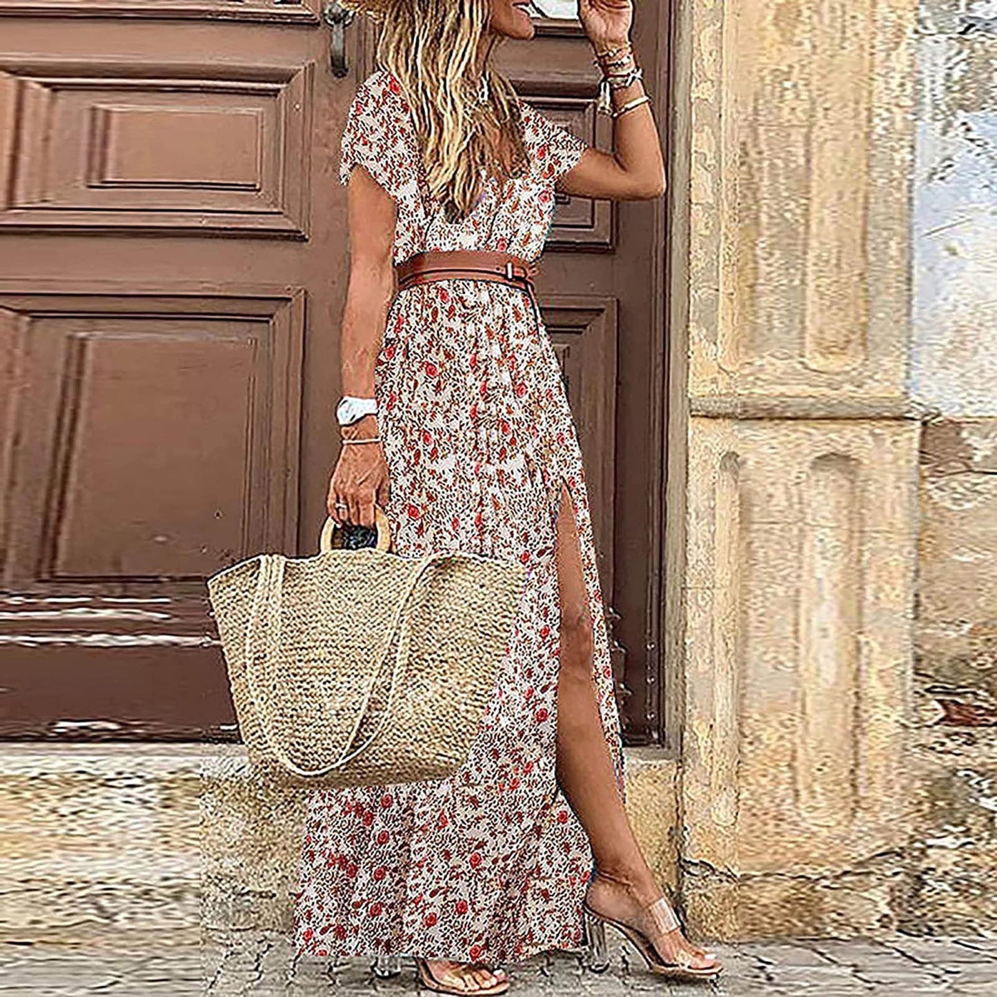 Women's Boho Short Sleeve V-Neck Flowy Long Maxi Dress Summer Loose Casaul Beach Vacation Dress Wedding Guest Dress with Belt