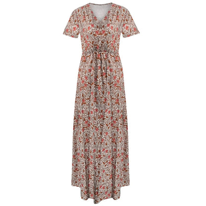 Women's Boho Short Sleeve V-Neck Flowy Long Maxi Dress Summer Loose Casaul Beach Vacation Dress Wedding Guest Dress with Belt