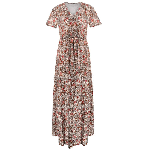 Women's Boho Short Sleeve V-Neck Flowy Long Maxi Dress Summer Loose Casaul Beach Vacation Dress Wedding Guest Dress with Belt