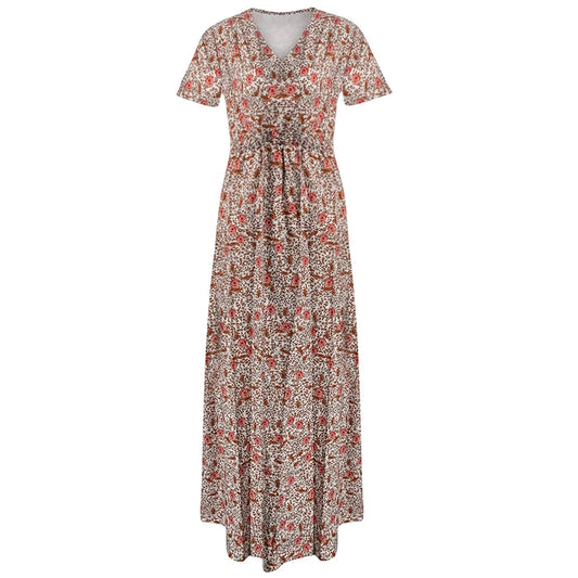 Women's Boho Short Sleeve V-Neck Flowy Long Maxi Dress Summer Loose Casaul Beach Vacation Dress Wedding Guest Dress with Belt