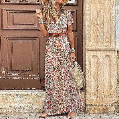 Women's Boho Short Sleeve V-Neck Flowy Long Maxi Dress Summer Loose Casaul Beach Vacation Dress Wedding Guest Dress with Belt