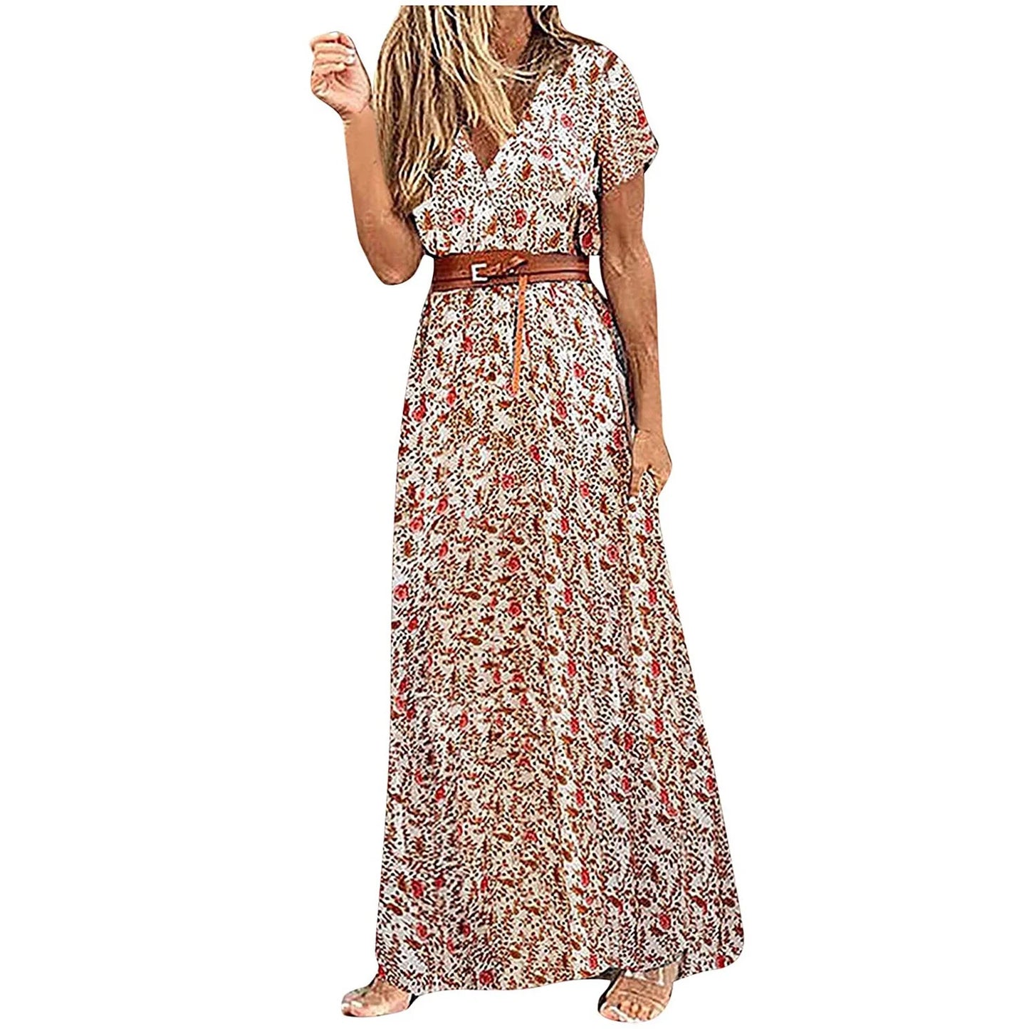 Women's Boho Short Sleeve V-Neck Flowy Long Maxi Dress Summer Loose Casaul Beach Vacation Dress Wedding Guest Dress with Belt